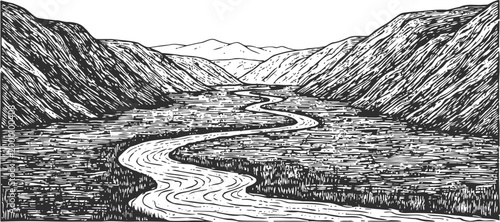 Black and white mountain river landscape illustration with winding watercourse and valley hills