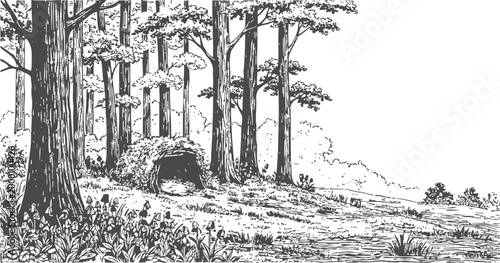 hand drawn forest clearing with tall trees and a small den, natural wilderness landscape sketch