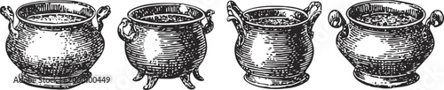 set of vintage cauldrons with ornate legs and handles in detailed engraving