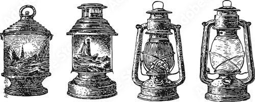 Vintage lantern illustrations set with detailed hand drawn sketch oil lamps