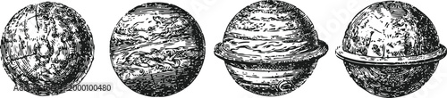 Antique engraving of four planets with detailed surface textures and distinct ring features