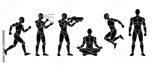 Robot Silhouette Set Doing Human Actions, Including Running, Targeting, Shooting, Meditating, Jumping and Standing Isolated on White Background for Technology and Future Concept Design Graphics.