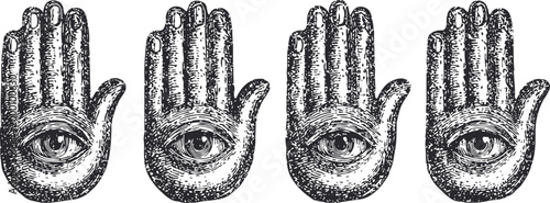 Hand with eye symbol illustration mystical palm drawing, spiritual talisman and protection concept vintage occult design art