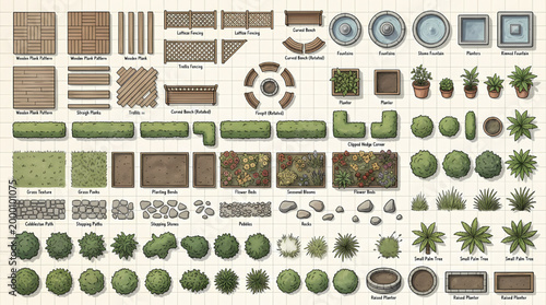 Top View Garden Landscape Elements Vector Set, Modular Landscaping Assets, Plants, Paths, Fencing, Planters, Outdoor Design Kit