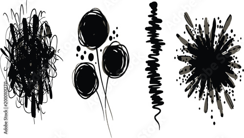 Ink splatter, scribble, and paintbrush strokes, black vector set