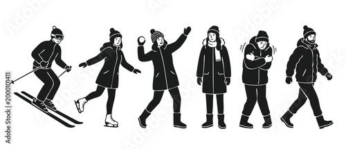 Winter People Set Flat Icons: Skiing, Ice Skating, Snowball Fighting, Cold Shivering Person, Walking in Winter Clothing. Vector Black and White Character Collection for Holiday Design and Seasonal Act