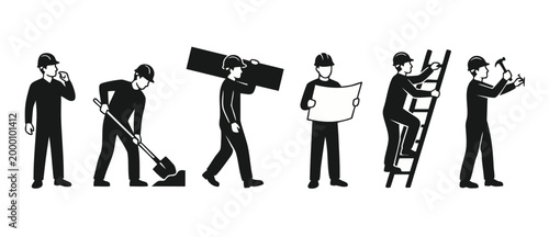 Construction Workers Icon Set Silhouette, Builders Working with Tools, Laborer Carrying Plank, Architect Holding Blueprint, Ladder Climbing and Hammering, Professional Industrial Maintenance Team Vect