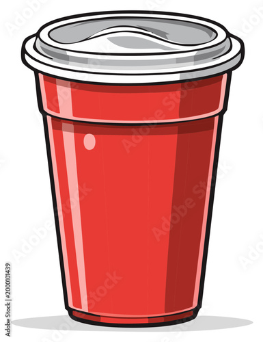 Red Plastic Cup with Lid, Party Drinkware Illustration, Reusable Beverage Container