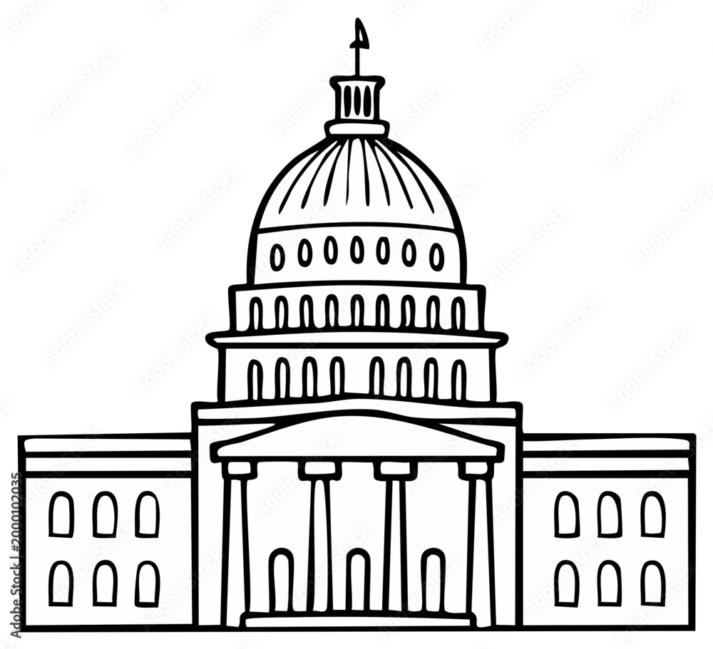 Obraz premium Classic Government Building Dome Architecture Classical Facade With Columns Line Art