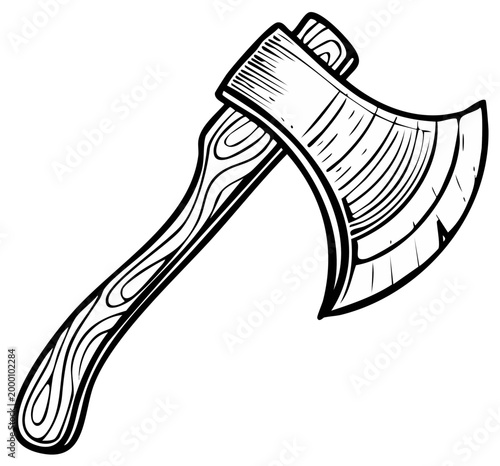 Antique woodcutting axe with detailed texture in a classic line art illustration style
