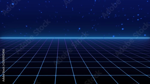 Neon grid horizon floats with blue particles in dark digital space. Perfect for futuristic designs and abstract backgrounds. Enhance your visuals with this neon grid animation.