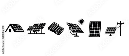 Solar panel icons set vector collection of renewable energy power systems, rooftop installation, photovoltaic grid, sun tracking and sustainable electricity technology black glyph illustrations for bu