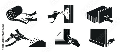 House Insulation Icons Set, Wall Thermal Efficiency and Weatherproofing Methods, Building Material Installation Processes for Energy Saving and Construction Renovation Projects, Vector Silhouette Symb