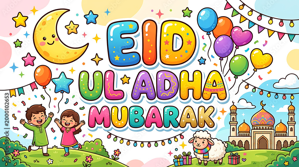 Fototapeta premium Eid ul adha mubarak festive illustration with colorful balloons and children