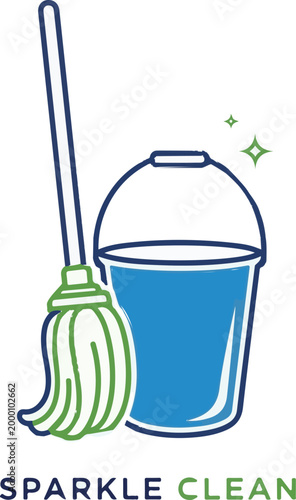 Minimalist logo design featuring a blue bucket and a green mop used for professional residential and commercial cleaning service branding