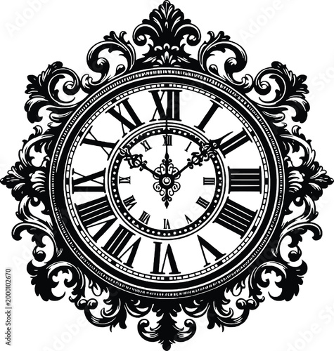 Ornate roman numeral clock with decorative border, ornament