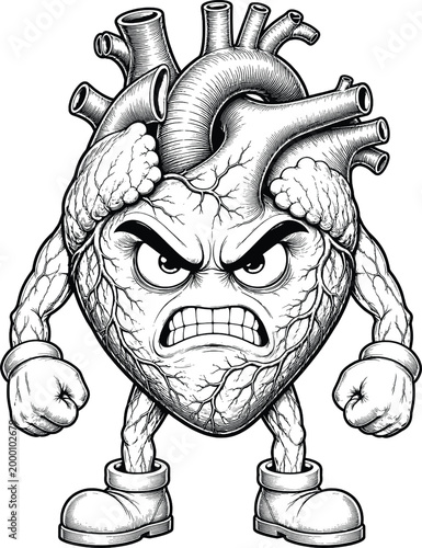 Angry cartoon heart character with fists clenched, character
