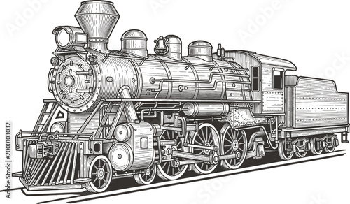 Antique steam locomotive engine illustration with iron horse