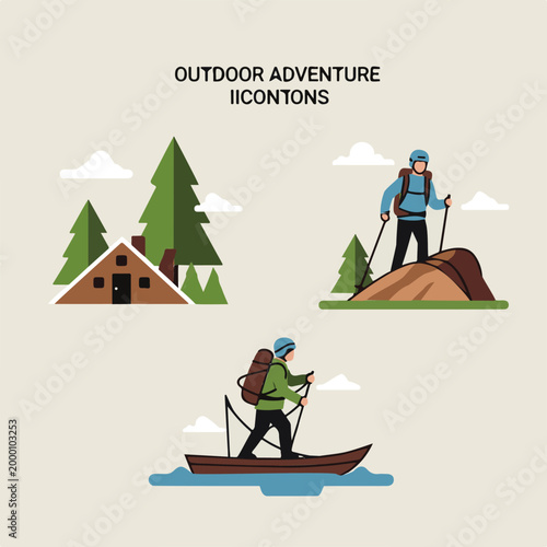 Minimalist flat design illustration of various outdoor adventure activities including a cabin, hiking, and kayaking for nature and travel concepts.