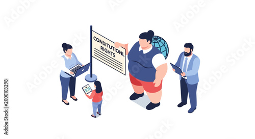 Isometric illustration of people studying constitutional rights and laws.