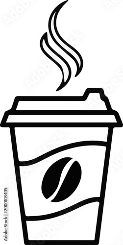Simple black and white line art illustration of a hot coffee or tea drink in a disposable cup with steam rising icon design.