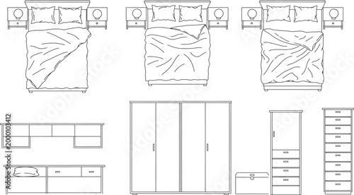 Technical drawing of a modern bedroom furniture set with various views