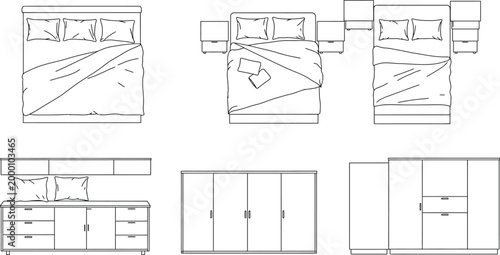 Detailed technical drawings of a modern bedroom furniture set with bed and dresser