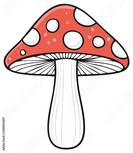 Whimsical illustration of a red and white spotted toadstool mushroom with a white stem