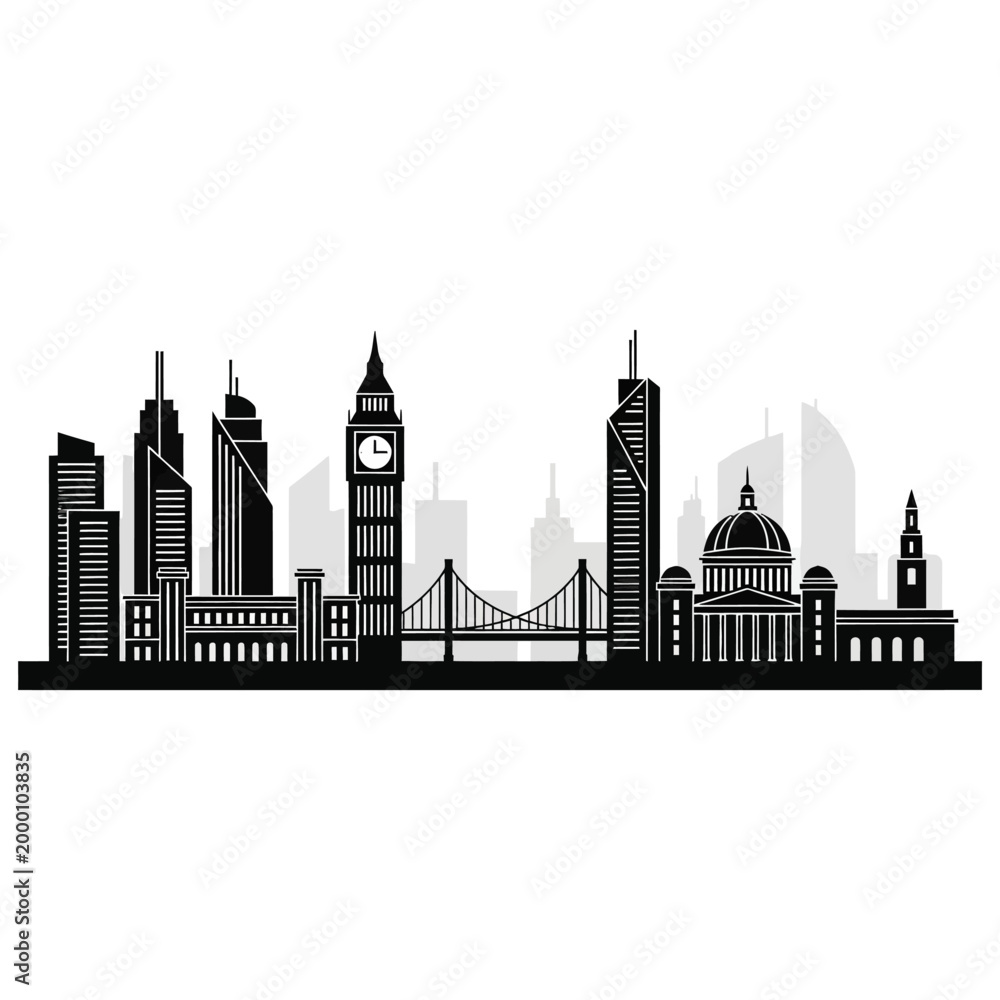 Fototapeta premium London Skyline Silhouette - Big Ben, Westminster, Tower Bridge, Modern Buildings