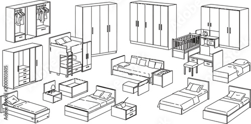 Collection of various furniture pieces for homes and offices in line drawings