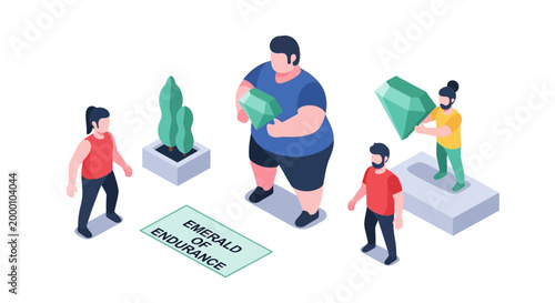 Isometric illustration of people with emeralds and plants, representing endurance.
