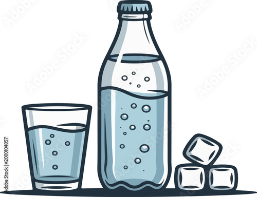 Refreshing sparkling water in bottle and glass with ice illustration