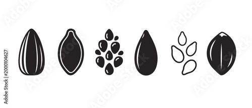 Seed and Nut Icon Set, Food Ingredient Vector Illustrations for Culinary Designs, Healthy Natural Snack Elements, Minimalist Organic Produce Shapes in Black and White Silhouette Style for Graphic Proj