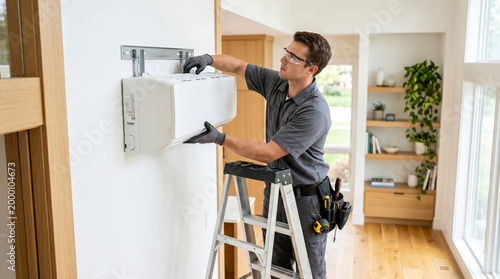 HVAC installer man mounting mini-split air conditioning unit on residential wall