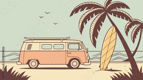Vintage camper van parked by beach with surfboard and palm trees, minimalist line art illustration, summer travel concept