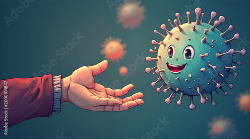 Smiling cartoon virus hovers near a human hand in a playful gesture
