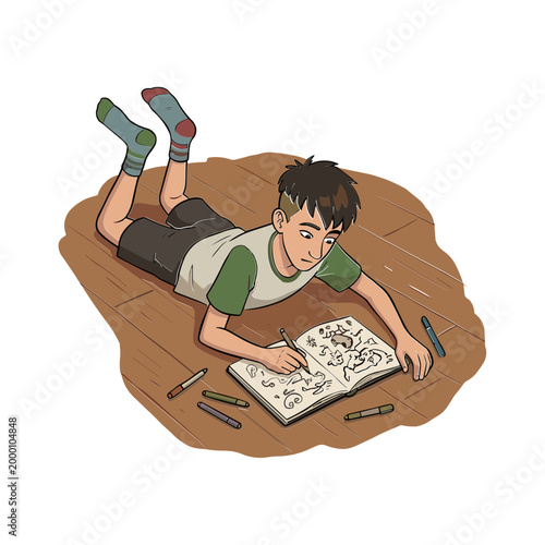 A boy lies on the floor reading a coloring book with pencils around.