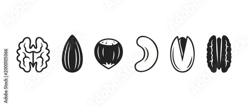 Nuts and Seeds Icon Set Collection, Minimalist Vector Illustration of Walnut, Almond, Hazelnut, Cashew, Pistachio and Pecan Isolated on White Background for Culinary Design, Health Food Nutrition Conc
