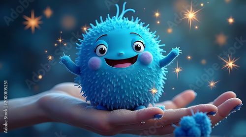 Friendly blue cartoon creature sitting on a person s hand with sparkling lights around it