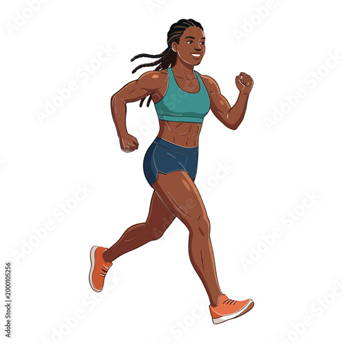 A woman wearing a sports bra and running shoes is jogging quickly outside in daylight.