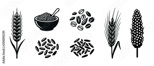 Cereal Grains and Wheat Icons Set, Organic Agriculture and Healthy Food Vector Illustrations, Isolated Black Graphic Elements for Farm Branding and Dietary Ingredient Concepts on White Background