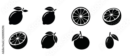 Lemon and Orange Fruit Icon Set, Citrus Vector Glyph Collection for Web and App Design, Fresh Organic Food Symbols, Fruit Slices and Whole Fruits Silhouette Graphics Isolated on White Background