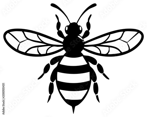Bold Black and White Silhouette of a Honey Bee with Detailed Wings and Stripes