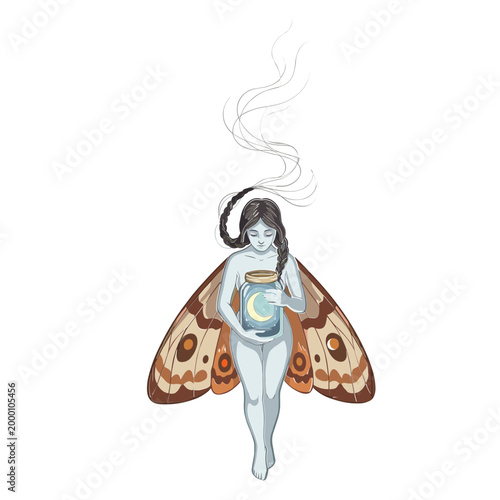 A woman with moth wings holds a steaming cup in her hand.