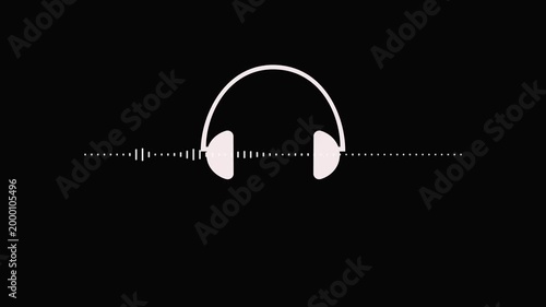 Minimalist headphones icon with sound wave illustration on black background. Headphones icon with sound waves shines in minimalist design. Black background enhances headphones icon.