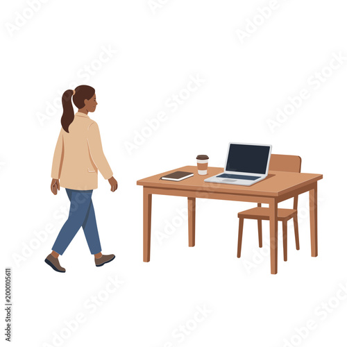 A woman walks towards a desk with a laptop and coffee cup.