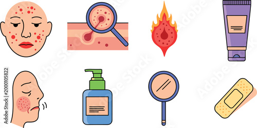 Acne Skin Care Treatment Icons Set Isolated on White Background