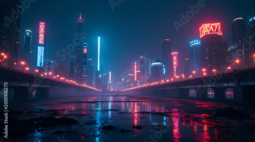 Cityscape at night with vibrant neon lights reflecting on wet pavement urban landscape scene with tall buildings and bridge