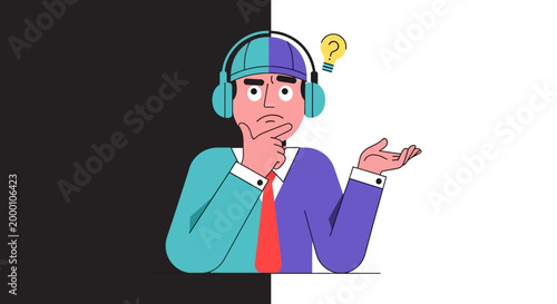 Confused businessman with headphones thinking.