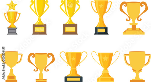 Collection of golden trophies for sports and competitions with first place gold medal award ceremony white background golden cup sports trophy champion